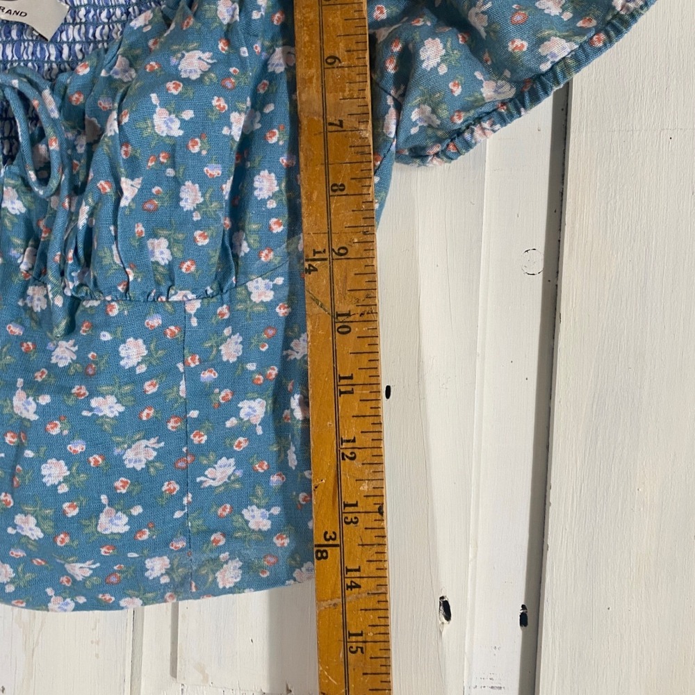 Laura Ashley x Lucky Brand Smocked Peasant Top XS Blue Floral Fairy Cottagecore - Picture 10 of 11